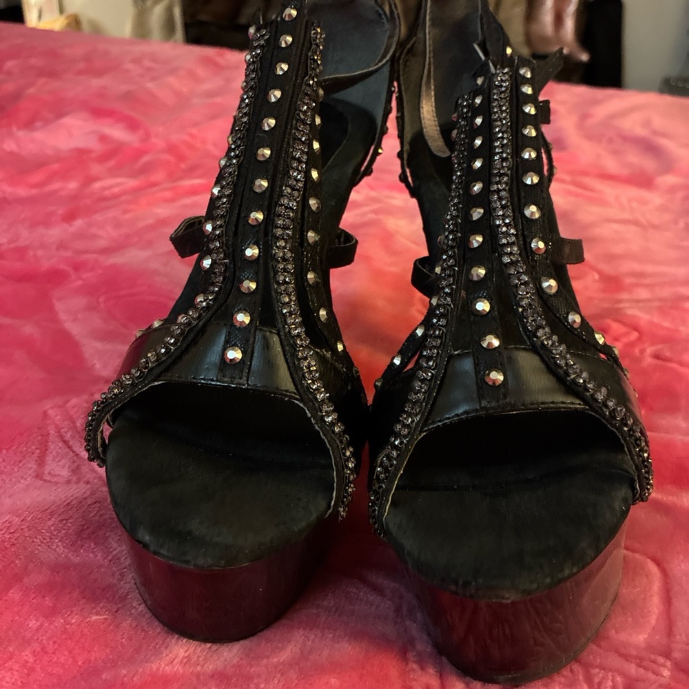 Black Studded Heels with Lace-Up Design